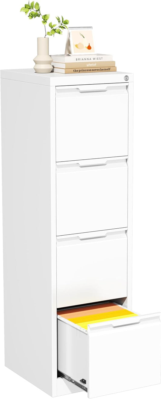 Bestoo 4 Drawer File Cabinet with Lock Metal Vertical Filing Cabinet Narrow File Cabinet Locked for Home Office A4 Legal/Letter Size Assembly Required (White, 4 Drawers-Vertical)