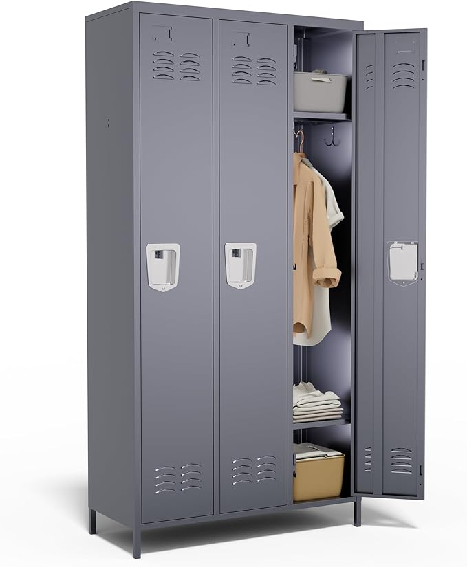 3 Door Metal Lockers for Employees,Heavy-Duty Hooks,72" Secure Storage for Home,Offices,Schools & Gyms | Gray