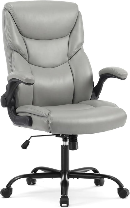 DUMOS PU Leather Office Chair - Ergonomic Executive Computer Desk Chairs with Adjustable Flip-up Armrest, Swivel Task Chair with Lumbar Support, Strong Metal Base, Grey