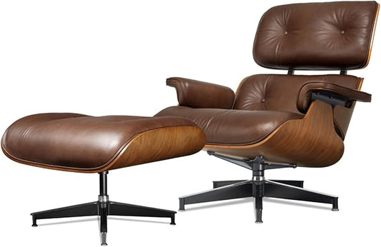 Mid Century Chaise Lounge Chair with Ottoman, Luxury Oil-Waxed Leather Reading Chair, Modern Chair Classic Design, Heavy Duty Base Support for Living Room Study Lounge Office Walnut Dark Brown