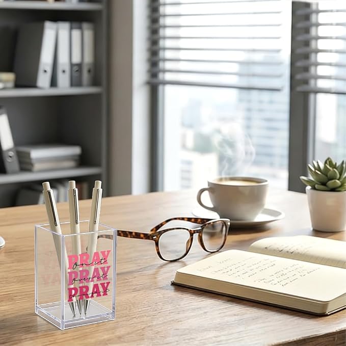 Pray On It Pray Over It Acrylic Organizer Pencil Pen Holder, Christian Desk Organizer Gifts for Women Friend Coworker, Religious Inspirational Office Desk Decor, Pink Faith Pencil Holder