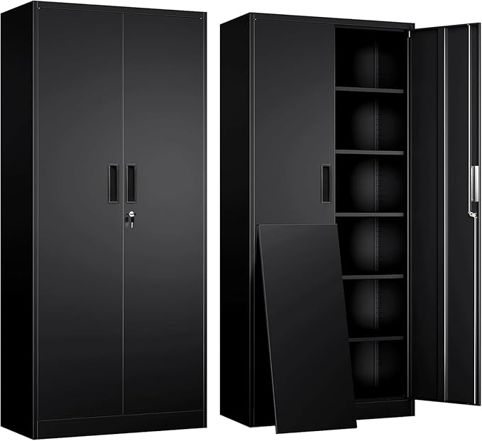 71" H Tall Metal Storage Cabinet with Lock and 5 Adjustable Shelves, Metal Garage Storage Cabinet for Home, Office, Garage, Warehouse Organize, Black