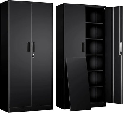 71" H Tall Metal Storage Cabinet with Lock and 5 Adjustable Shelves, Metal Garage Storage Cabinet for Home, Office, Garage, Warehouse Organize, Black