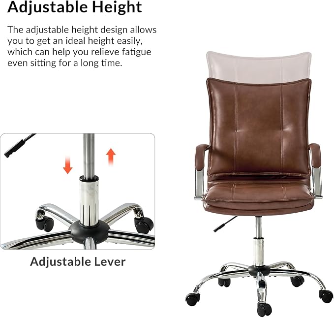 HULALA HOME Faux Leather Home Office Desk Chair, Adjustable Swivel Computer Chair with Sliver Legs and Arms, Comfy Upholstered Task Chair(Brown)