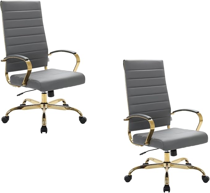 LeisureMod Modern High-Back Leather Office Chair - Swivel & Adjustable Executive Desk Chair with Gold Frame, Ergonomic Design for Home & Office (Grey, Set of 2)