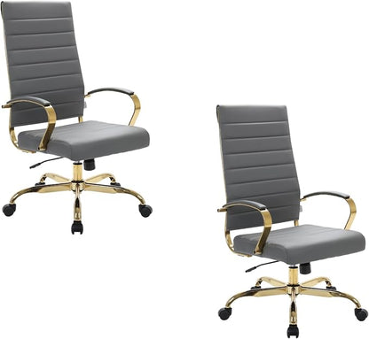 LeisureMod Modern High-Back Leather Office Chair - Swivel & Adjustable Executive Desk Chair with Gold Frame, Ergonomic Design for Home & Office (Grey, Set of 2)