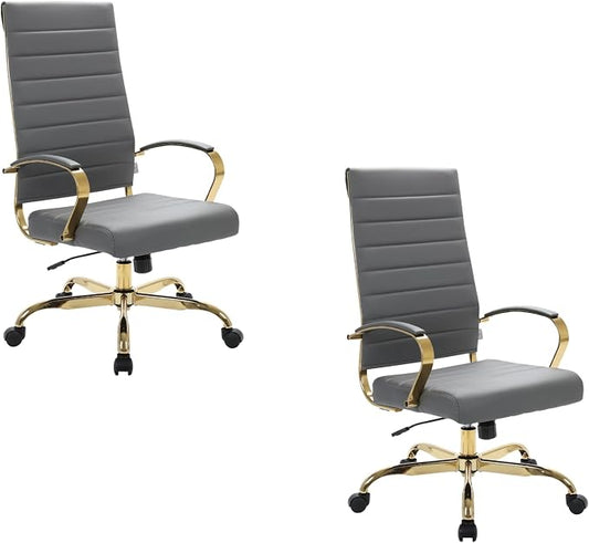LeisureMod Modern High-Back Leather Office Chair - Swivel & Adjustable Executive Desk Chair with Gold Frame, Ergonomic Design for Home & Office (Grey, Set of 2)