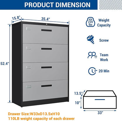 Fesbos Metal Steel 4 Drawer Lateral File Cabinet with Lock, Filling Cabinets for Home Office, Lockable Storage Cabinet for Hanging Files Letter/Legal/F4/A4 Size-Assembly Required