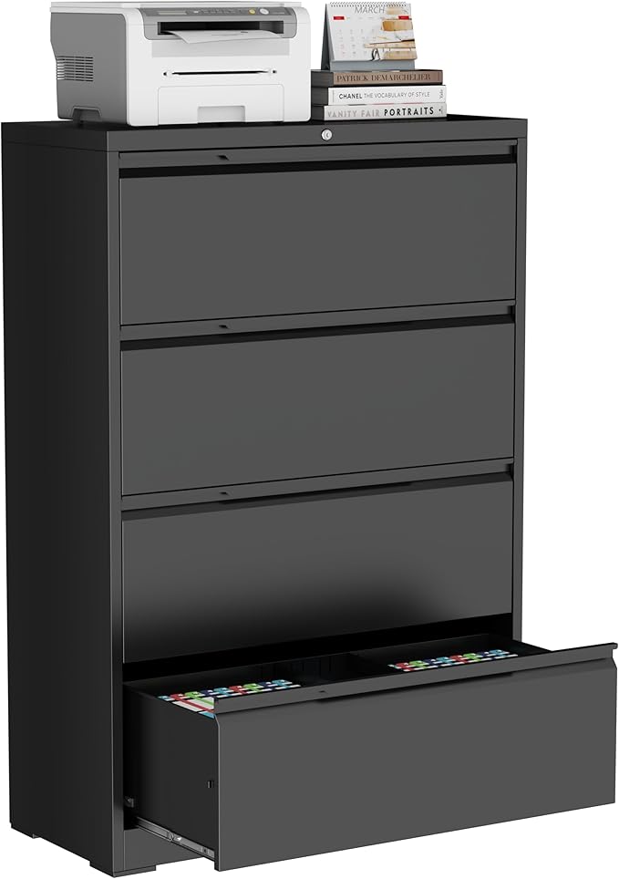 Lateral File Cabinet, 4 Drawer Lateral File Cabinet with Lock, Metal Lateral Filing Cabinet for Home Office, Office Organization Cabinet for Letter/Legal/F4/A4 Size