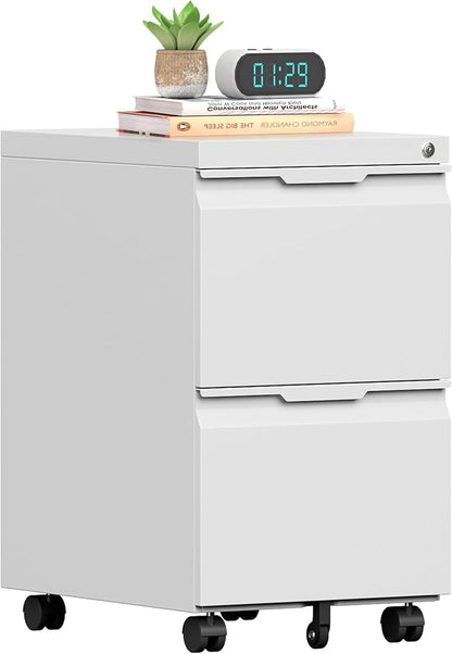 2 Drawer Mobile File Cabinet with Lock, Metal Filing Cabinet, Under Desk Rolling Small Filing Cabinet with Wheels for Home Office Storage, Fits Legal/A4/Letter/Document Size, Required Assembly, White