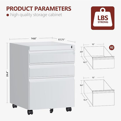 RAVIGIN 3 Drawer File Cabinet，Mobile Filing Cabinet with Lock and Wheels，Un-Assembled Metal Under Desk File Cabinets for A4/Letter/Legal Size（White