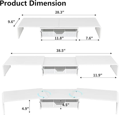 LEKETREE Dual Monitor Stand Riser with Drawer, Desk Organizer and Accessories, Metal Laptop Stand for Desk, Workspace Desktop Stand for Computer, Laptop, TV and More (White)