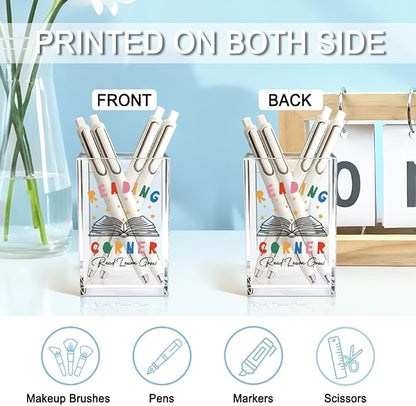 Reading Corner Acrylic Cosmetic Holder, Funny Desk Organizer for Book Lover Bookish Bookworms Readers, Library Classroom Café Desk Decoration, Pen Holder Gifts For Women Men Friends