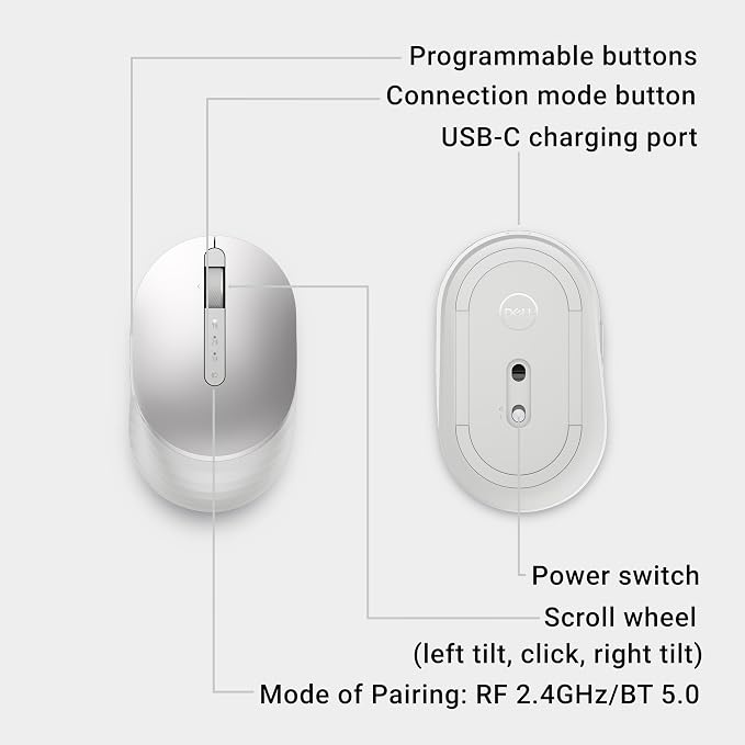 Dell Premier Rechargeable Wireless Mouse - MS7421W - Silver - Wireless, 7 Buttons, Adjustable at 1000, 1600 (default), 2400 and 4000, Six Months of Battery Life