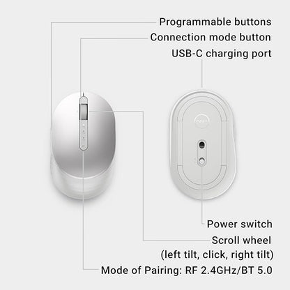 Dell Premier Rechargeable Wireless Mouse - MS7421W - Silver - Wireless, 7 Buttons, Adjustable at 1000, 1600 (default), 2400 and 4000, Six Months of Battery Life