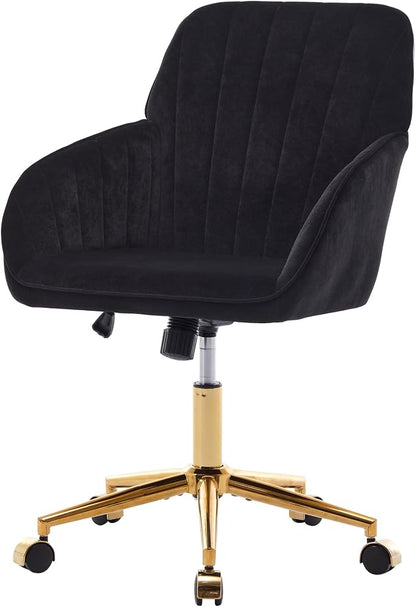 YITAI Velvet Office Desk Chair with Wheels and Gold Base,Modern Height Adjustable 360 Degree Swivel Upholstered Vanity Chairs with Arms for Living Room Bedroom, Study,Black