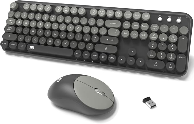 Wireless Keyboard and Mouse Combo, Retro Typewriter Style Round Keys, 2.4G Wireless Black and Grey Keyboard with Clicky Bubble Keys for PC Laptop and Desktop