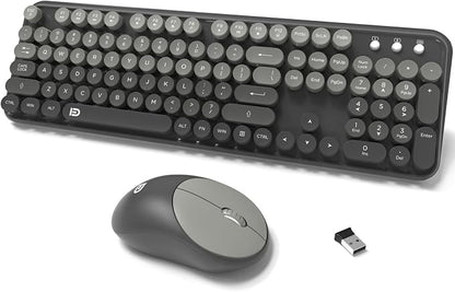 Wireless Keyboard and Mouse Combo, Retro Typewriter Style Round Keys, 2.4G Wireless Black and Grey Keyboard with Clicky Bubble Keys for PC Laptop and Desktop