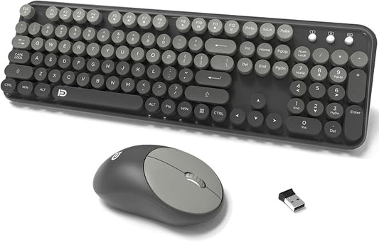 Wireless Keyboard and Mouse Combo, Retro Typewriter Style Round Keys, 2.4G Wireless Black and Grey Keyboard with Clicky Bubble Keys for PC Laptop and Desktop