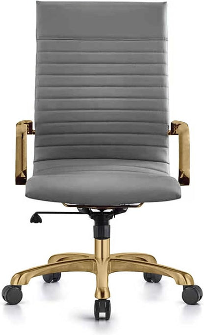 LeisureMod Harris High-Back Task Office Chair - Modern Leather Upholstery with Gold Frame, Ribbed Design 360 Degree Adjustable Swivel for Home, Office, and Study Room
