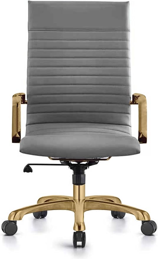 LeisureMod Harris High-Back Task Office Chair - Modern Leather Upholstery with Gold Frame, Ribbed Design 360 Degree Adjustable Swivel for Home, Office, and Study Room