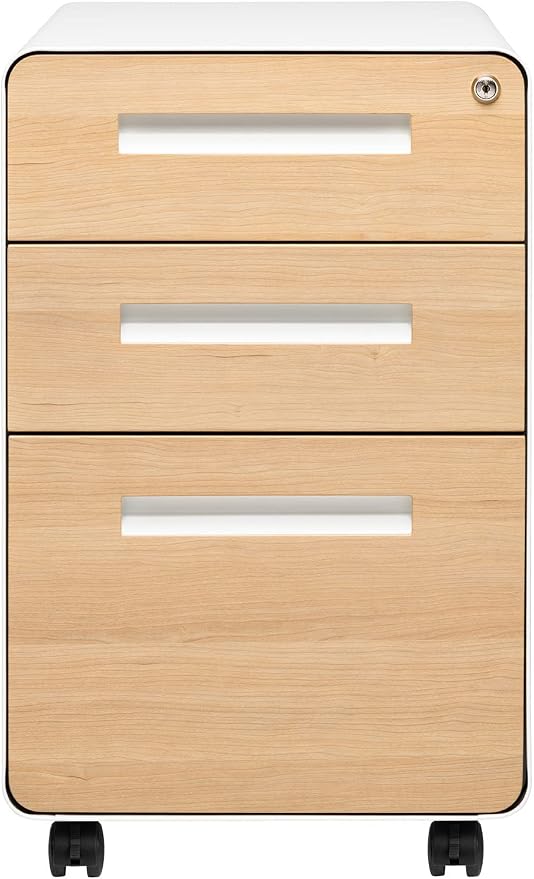 Laura Davidson Furniture Stockpile 3 Drawer File Cabinet with Lock - Under Office Desk Metal Filing Cabinet, Legal/Letter File Folders, Wheels and Stationary Feet, Pre-Assembled, White/Wood
