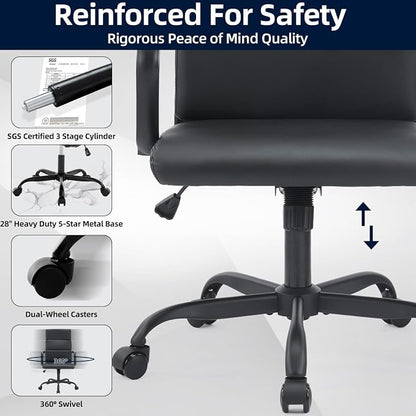 Office Chair, Ergonomic Executive Conference Room Chairs, Ribbed Leather Desk Chair with Lumbar Support, Adjustable Height Mid-Back Swivel Chair with Padded Seat