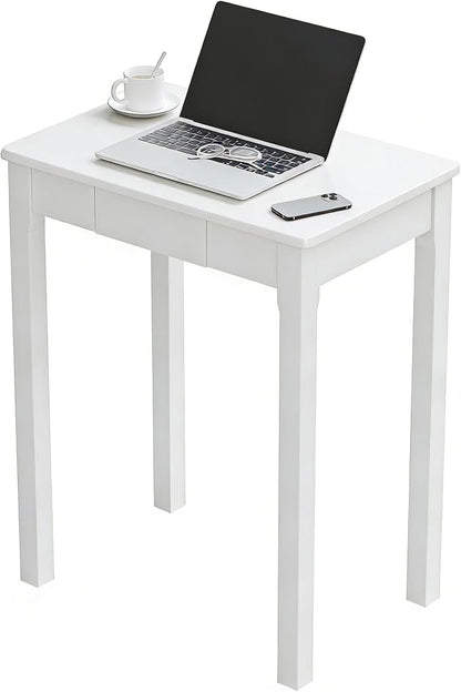 Solid Wood Desk with Drawers - 24 x 16 Inch Simple Narrow Desks, Rubber Wood Study Table, Small Writing Desk for Small Spaces|Bedroom - Modern White Desks