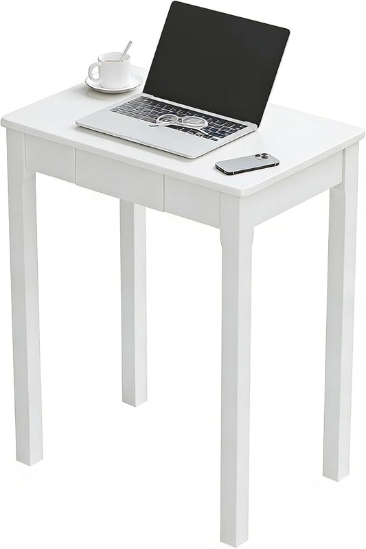 Solid Wood Desk with Drawers - 24 x 16 Inch Simple Narrow Desks, Rubber Wood Study Table, Small Writing Desk for Small Spaces|Bedroom - Modern White Desks