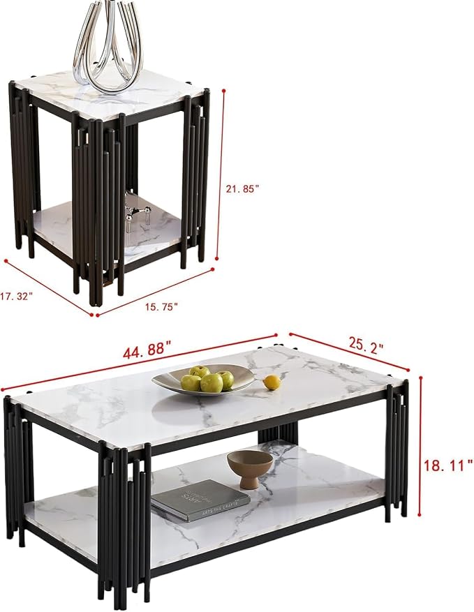 White Marble Coffee Table Set of 2, Faux Marble Coffee Table and White Silver End Table with Chrome Metal I-Base, Luxury 2 Piece Living Room Table Set for Home Office Bedroom