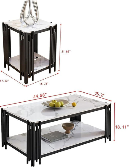 White Marble Coffee Table Set of 2, Faux Marble Coffee Table and White Silver End Table with Chrome Metal I-Base, Luxury 2 Piece Living Room Table Set for Home Office Bedroom