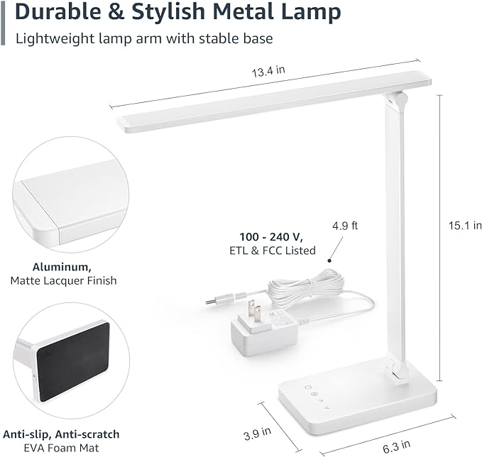 Lepro LED Desk Lamp, Metal Desk Light 9.5W 800lm, Best Task Lamp, 5 Color Modes 5 Brightness Level, Dimmable Home Office Desktop Lamp for Reading, Crafting, Sewing, Puzzle, Nail, White