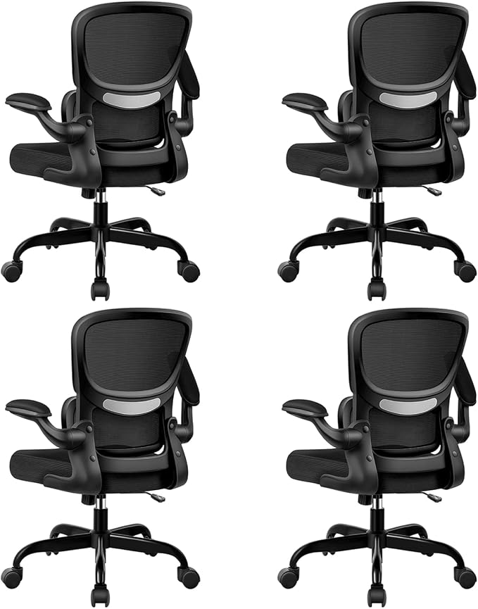 BESTFAIR Ergonomic Mesh Office Chair, Breathable Mesh Computer Desk Chair, Adjustable Lumbar Support, Flip-up Armrests, Executive Swivel Chair for Home Office, Black Pack of 4