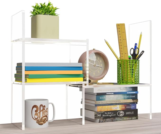 My Space Organizers Adjustable Acrylic Desk Shelf for Top of Desk: Clear Desktop Shelf, Premium Desktop Bookshelf Organizer, Office Table Book Shelves