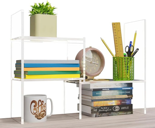My Space Organizers Adjustable Acrylic Desk Shelf for Top of Desk: Clear Desktop Shelf, Premium Desktop Bookshelf Organizer, Office Table Book Shelves