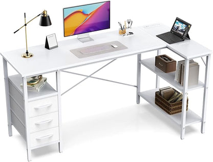 Simple Deluxe L Shaped Gaming Desk with Power Outlets, 55 Inch Computer Desk with 3 Drawers, Shelves, Corner Computer Desk for Gaming, Corner Work, Home Office, Study, White