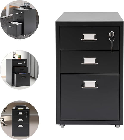 3 Drawers File Cabinet Locking Vertical File Cabinet Under Desk Small File Cabinet with Wheels for Home Office (Black)