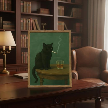 Funny Black Cat Wall Art Framed Vintage Moody Cat Canvas Prints Wall Decor Whimsical Cool Animal Paintings Pictures for Living Room Bedroom Bathroom Bar 8x10in