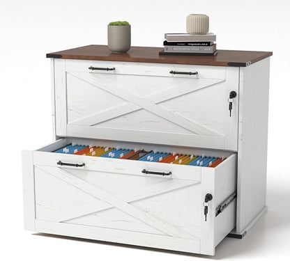 VINGLI 2 Drawer File Cabinet with Lock, Home Office Filing Organizer, for Letter Legal A4 Size File Folder Storage, Modern Farmhouse, Wood Lateral Filing Cabinet, Archivador (Rustic White & Brown)