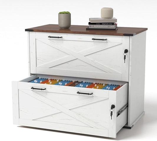 VINGLI 2 Drawer File Cabinet with Lock, Home Office Filing Organizer, for Letter Legal A4 Size File Folder Storage, Modern Farmhouse, Wood Lateral Filing Cabinet, Archivador (Rustic White & Brown)