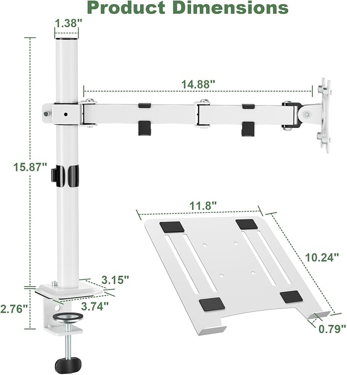 UPGRAVITY White Laptop Desk Mount with Vented Tray for Notebook up to 17 inch, Fully Adjustable Single Laptop Arm Stand Holds up to 17.6 lbs, Clamp on/Grommet Mounting