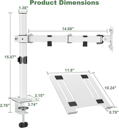 UPGRAVITY White Laptop Desk Mount with Vented Tray for Notebook up to 17 inch, Fully Adjustable Single Laptop Arm Stand Holds up to 17.6 lbs, Clamp on/Grommet Mounting