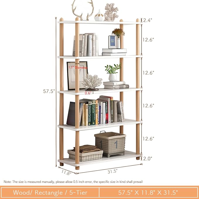 IOTXY 5-Tier Wooden Shelf Bookcase - Modern Open Bookshelf, Free Standing Storage Rack, Multifunctional Display Stand for Home and Office, White, Rectangle