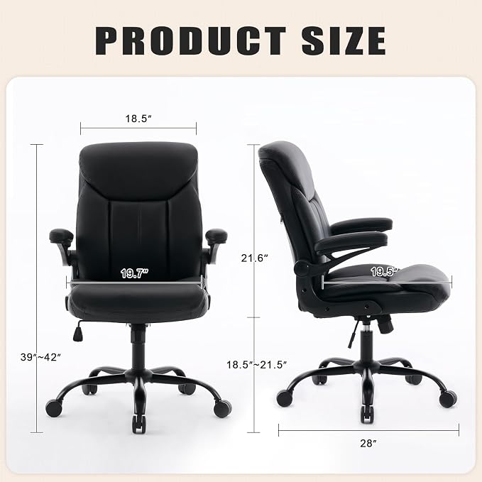 Leather Executive Office Chair - Ergonomic Computer Chair with Flip-up Arms Comfy PU Leather Home Desk Chairs Mid Back Support Adjustable Height Tilt Lock Swivel Rolling Wheels, Black