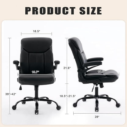 Leather Executive Office Chair - Ergonomic Computer Chair with Flip-up Arms Comfy PU Leather Home Desk Chairs Mid Back Support Adjustable Height Tilt Lock Swivel Rolling Wheels, Black