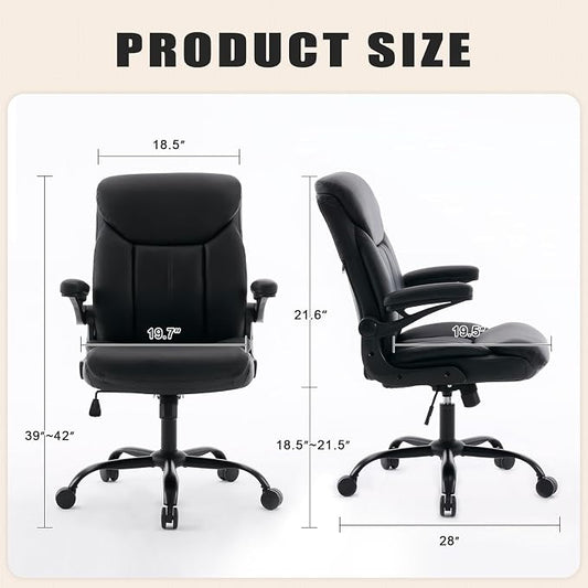 Leather Executive Office Chair - Ergonomic Computer Chair with Flip-up Arms Comfy PU Leather Home Desk Chairs Mid Back Support Adjustable Height Tilt Lock Swivel Rolling Wheels, Black