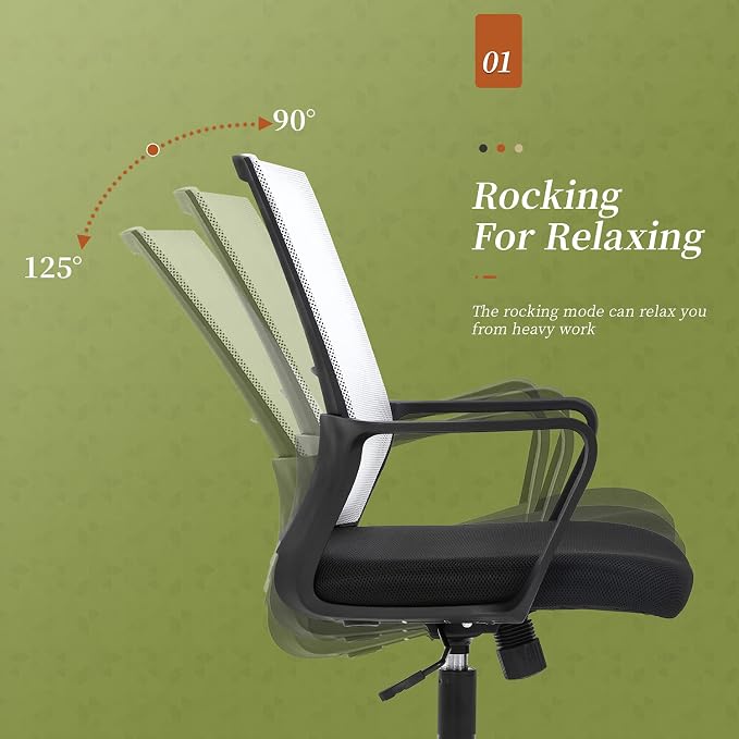 Office Chair Ergonomic Chair Mid Back Mesh Desk Chair Adjustable Height Swivel Mesh Chair Computer Chair with Armrest Lumbar Support,White