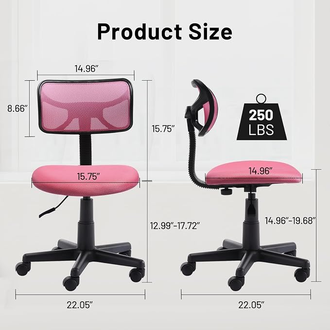 Small Mesh Desk Chair, Armless Low-Back Student Study Task Chair Ergonomic Sylish Swivel Adjustable Rolling Seating for Small Spaces Home Office Bedroom Study, Pink