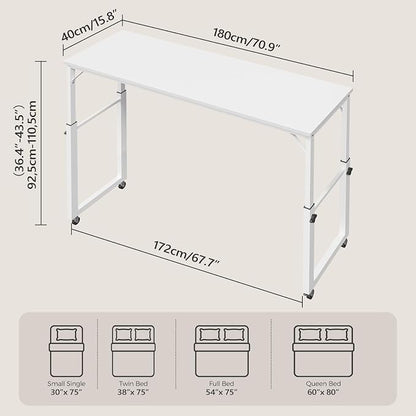 MAHANCRIS Overbed Table with Wheels, Mobile Bed Desk for Queen Size, 36"-43.5" Adjustable Height Rolling Table, Recliner Desk, Mobile Cross Bed for Bedroom, Living Room, Office, White MTWT18001