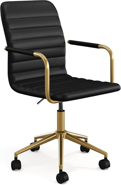 Martha Stewart Taytum Swivel Task Chair with Armrests for Home Office in Black Faux Leather with Polished Brass Frame